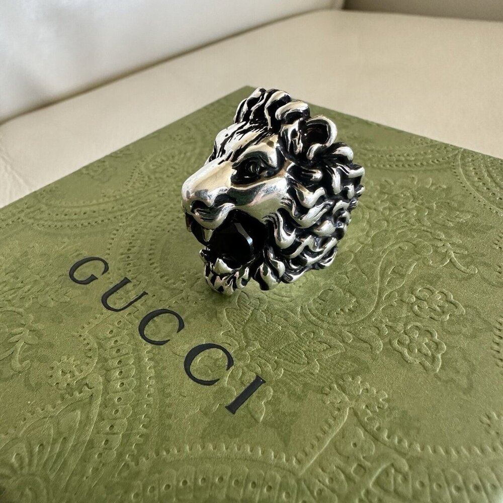 NEW Authentic Gucci Lion Head Crystal Ring In Silver & Black Sz 16 IT 7.5 US - Picture 11 of 11
